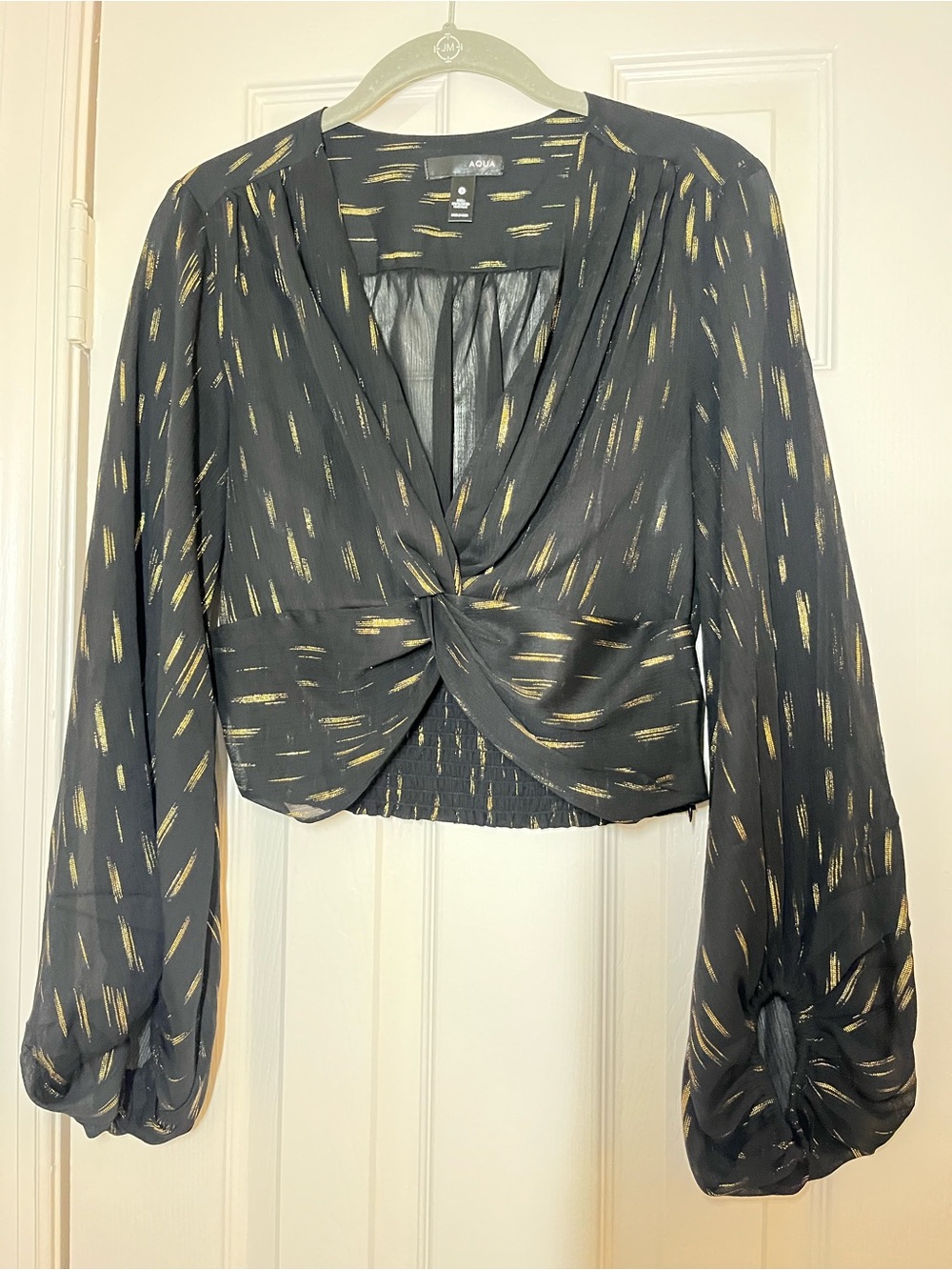 Aqua Black Blouse with Metallic Gold Brushstroke Twist Front